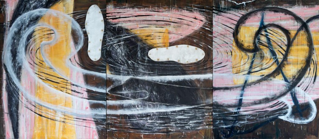 Painting, Rabbit Hole, Triptych,2021, oil and encaustic on linen, 84 in high x 192 in wide