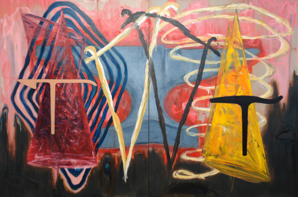 Painting, entitled Anvils, 1990, oil on linen, 84" high x 128" wide