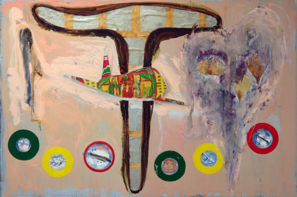 Painting, entitled Three Wise Men (for Sue Coe), 1992, mixed media, 24" high x 36" wide