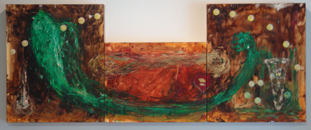 Painting entitled Lunatique 4, 1996, oil on wood, 17" high x 41" wide
