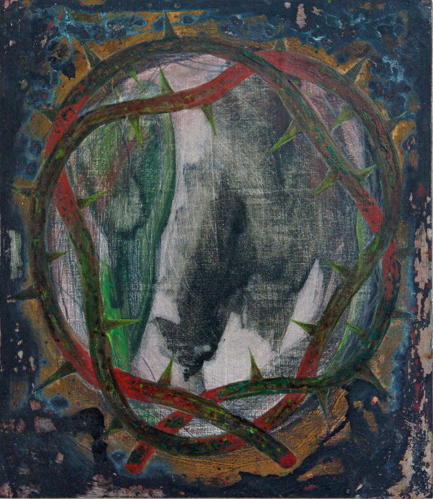 Painting entitled Night's Corona di Spine, 1999, oil on wood, 15" high x 13" wide