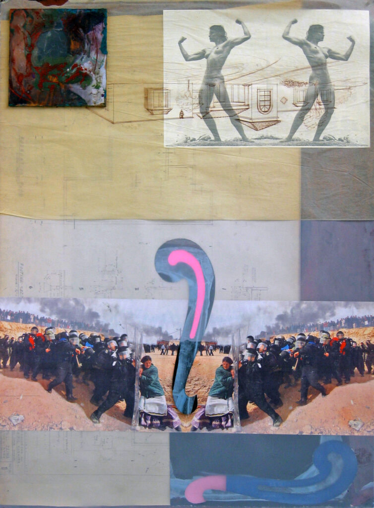 Collage entitled PushBack, 2006, mixed media, 42" high x 32" wide
