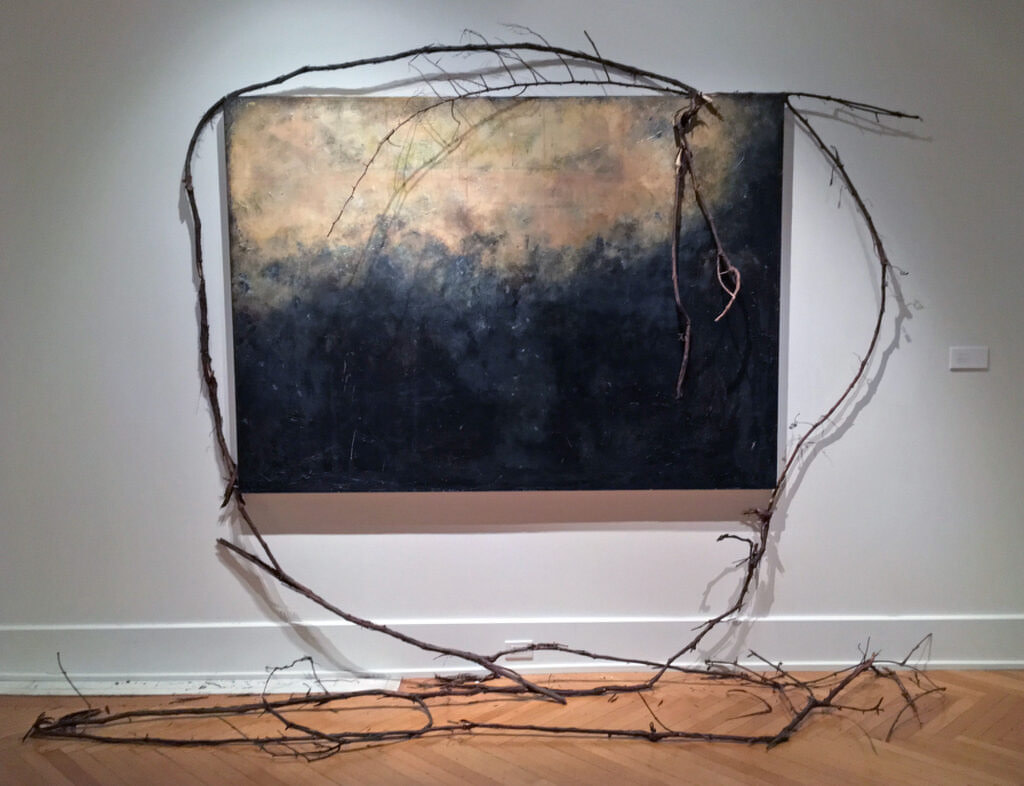 Painting and branches, entitled Imbroglio, 2015, mixed media, 95" high x 80" wide x 30" deep