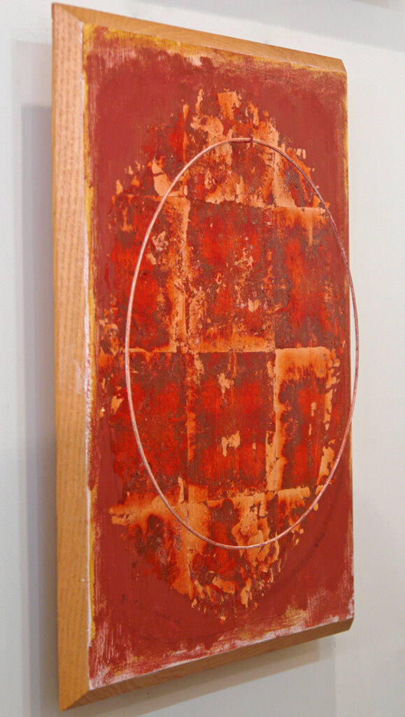 Side view of Mixed Media work, titled "Giotto's Circle," 2022, 22" high x 17" wide, 4" deep