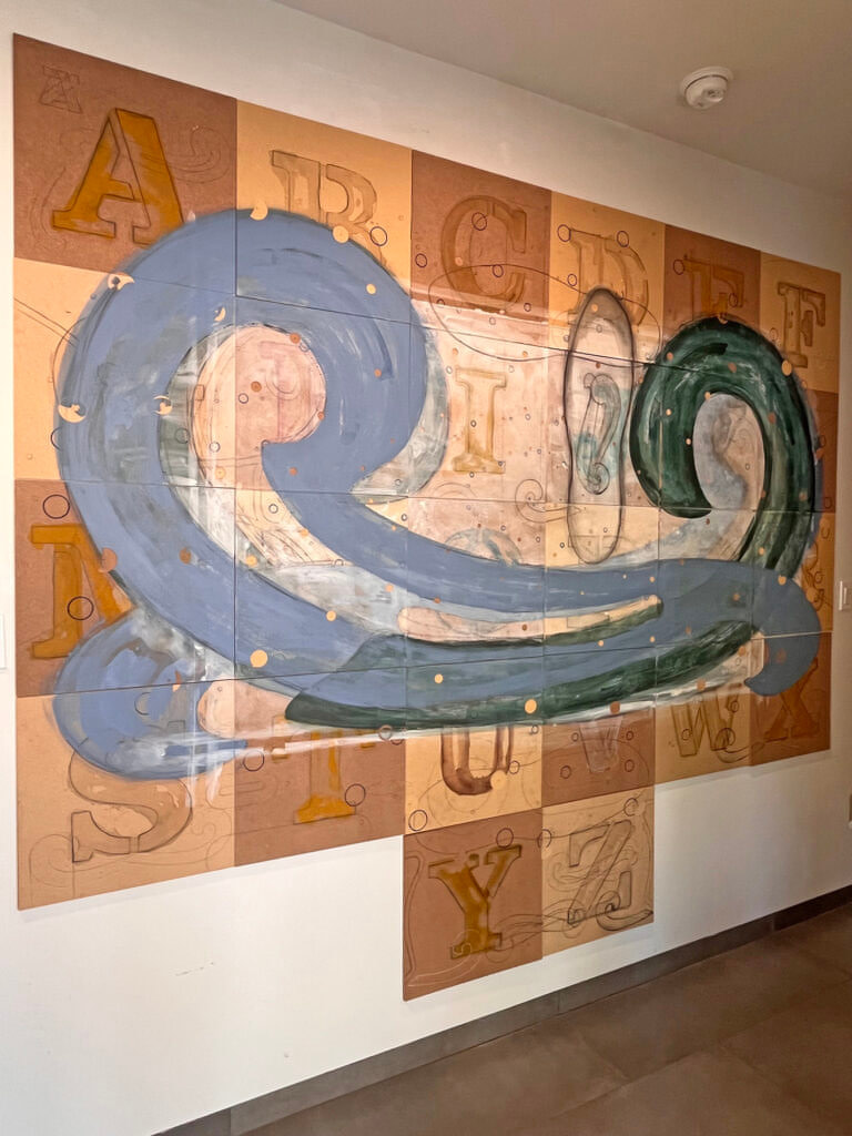 Stephen Zaima painting "AZ" (2023), the completed painting, hanging on the wall.