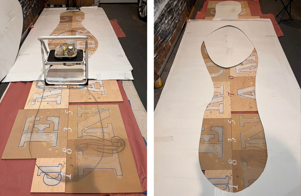Large mixed media painting by Stephen Zaima, 40" x 155". Image shows the beginning of the creation process, with letter and shape stencils.
